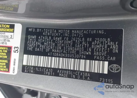 2025 Toyota Camry Se from USA, damaged, VIN 4T1DBADK9SU530794
